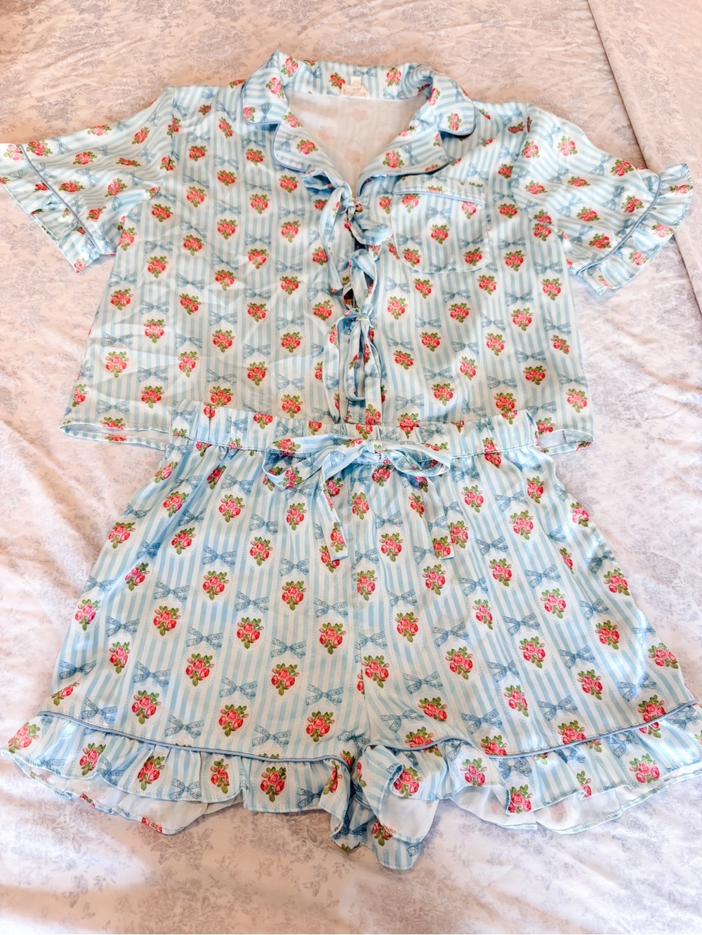 Light Blue Floral Ruffle Pajama Set